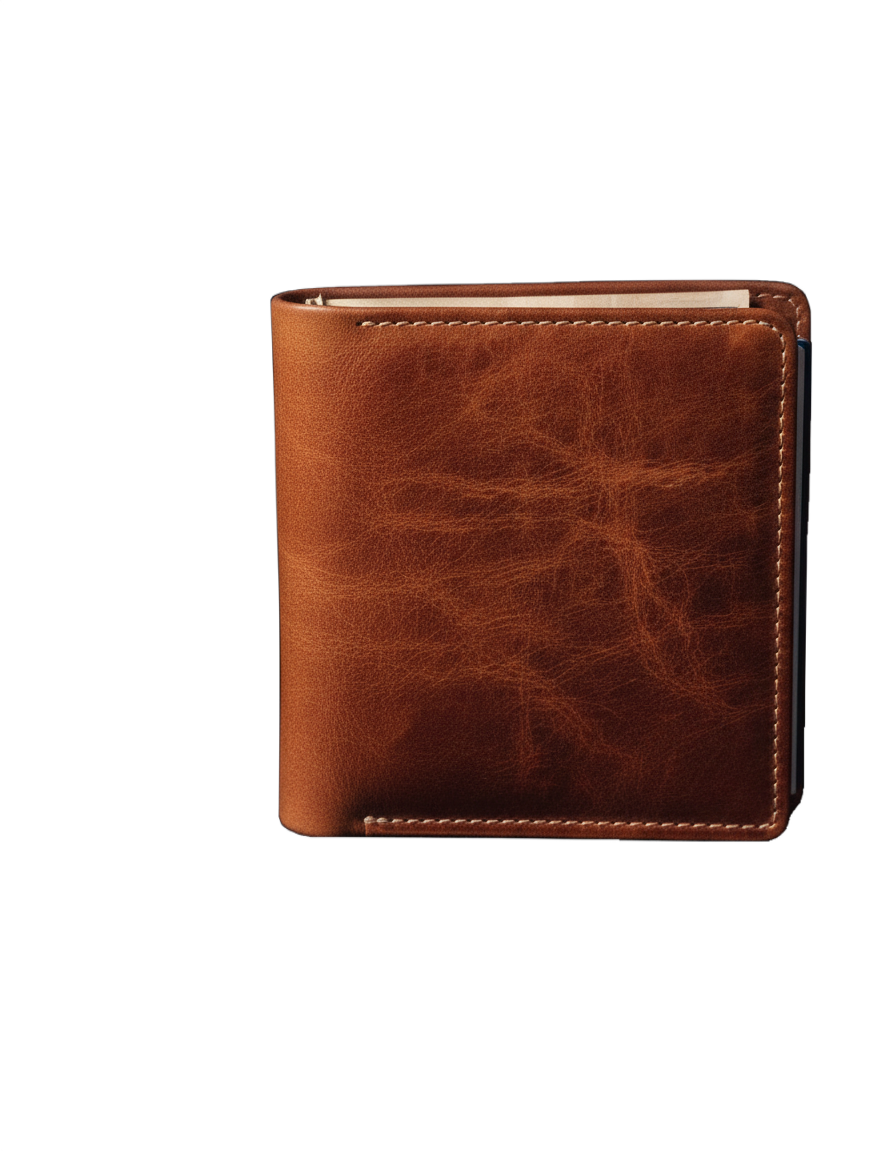 Brown leather bifold wallet on a black background with visible stitching and card slots.